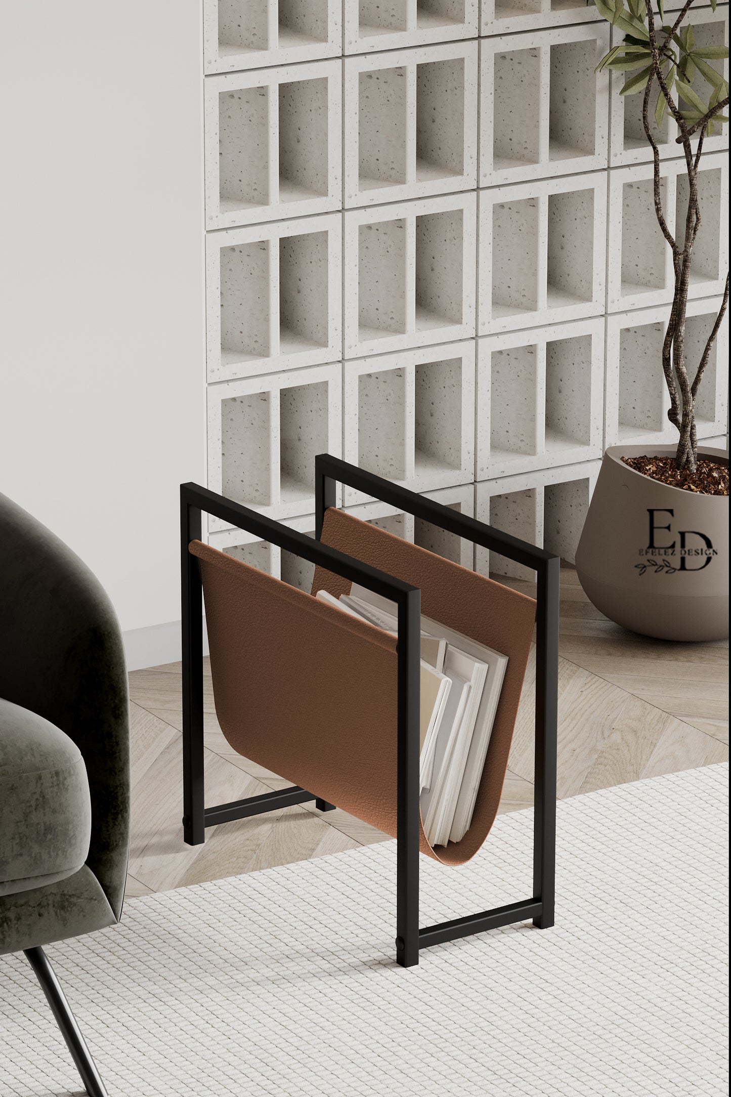 Porte-revues design en cuir tabac et métal noir – Rangement moderne compact EMIDECO