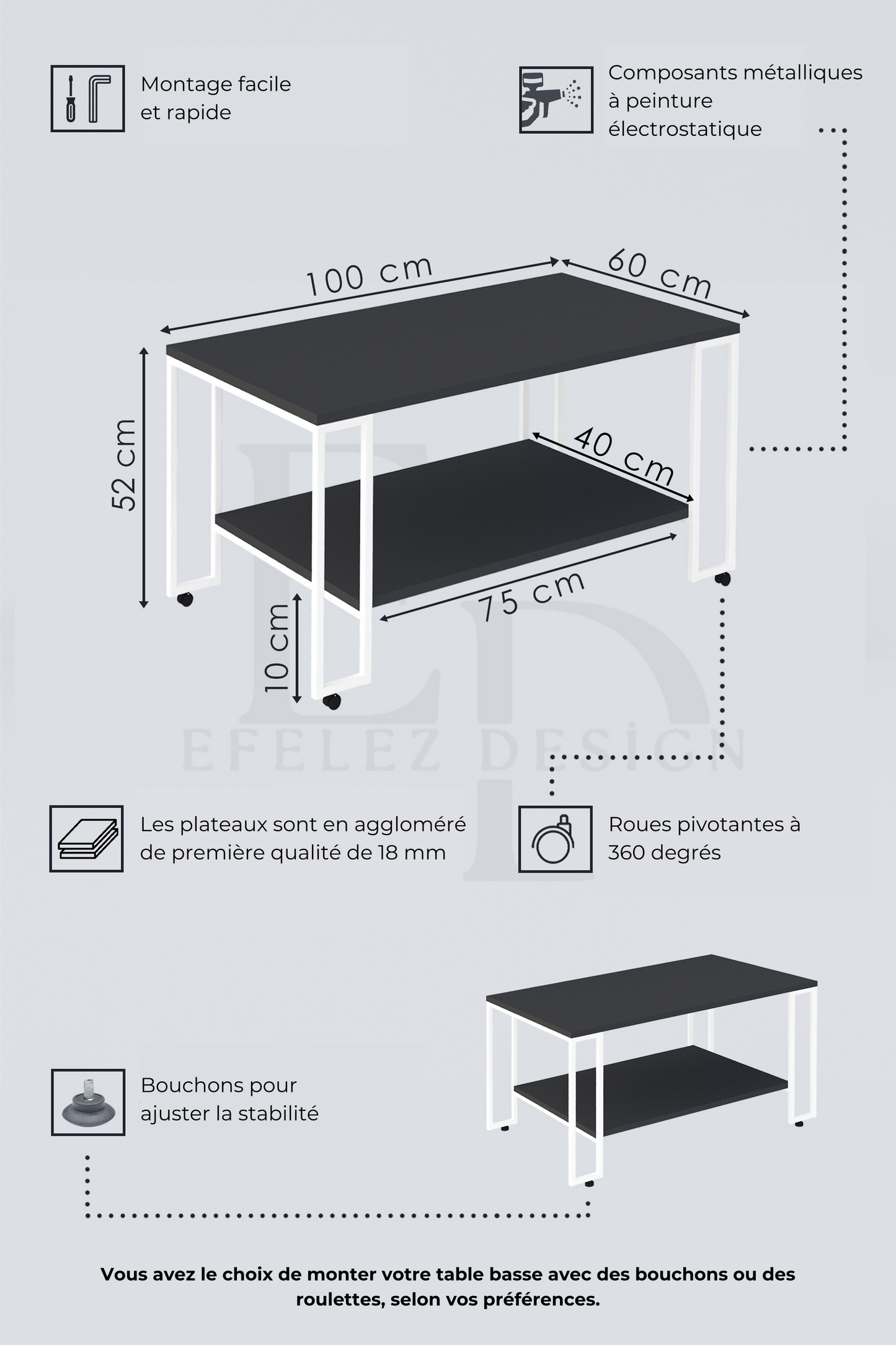 Table basse avec étagère Nury - Plateau bois foncé - Structure métal blanc - 100x60x52 cm - Emideco