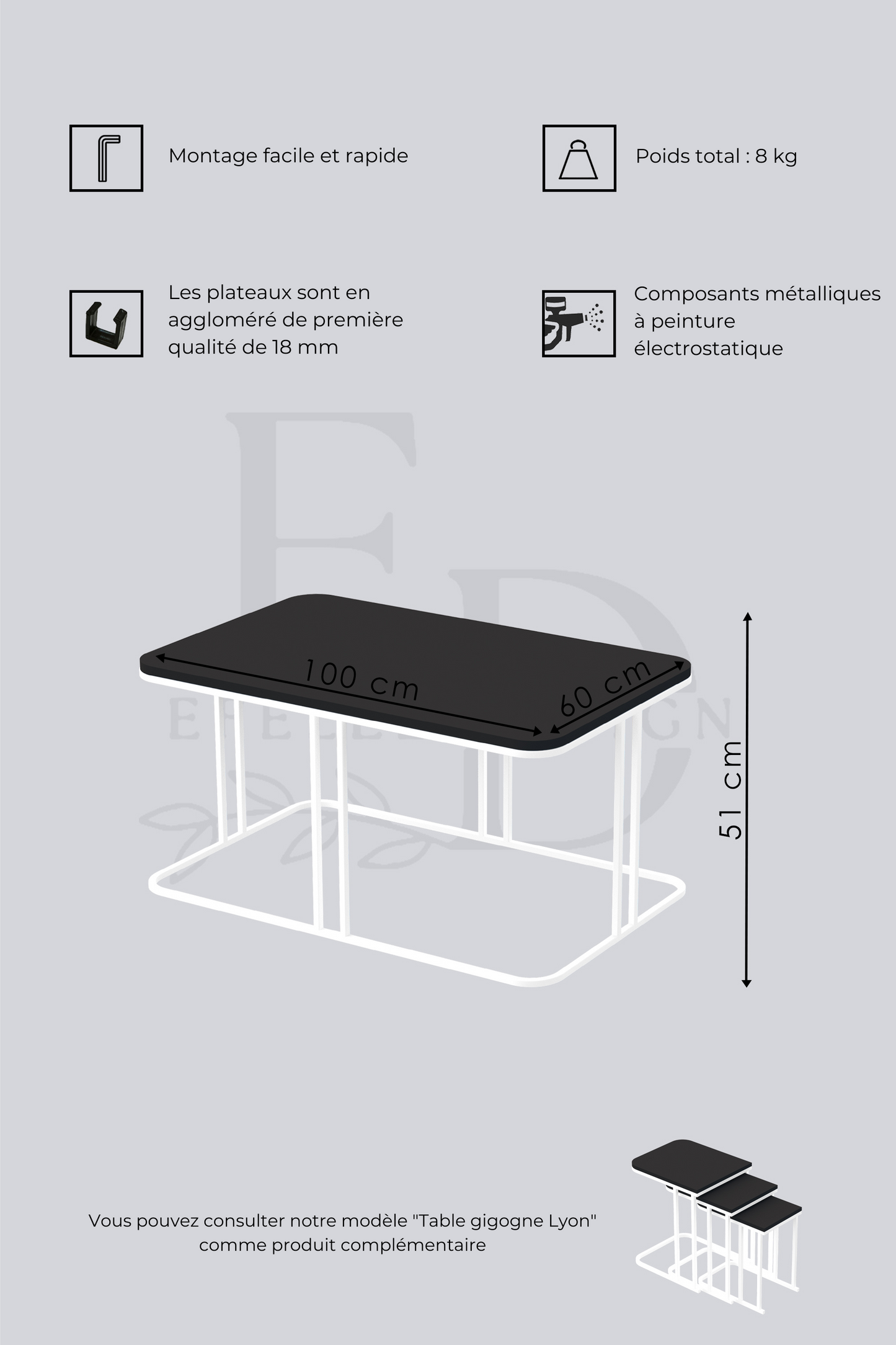 Table basse rectangulaire Lyon 100x60 cm marbre blanc et métal blanc