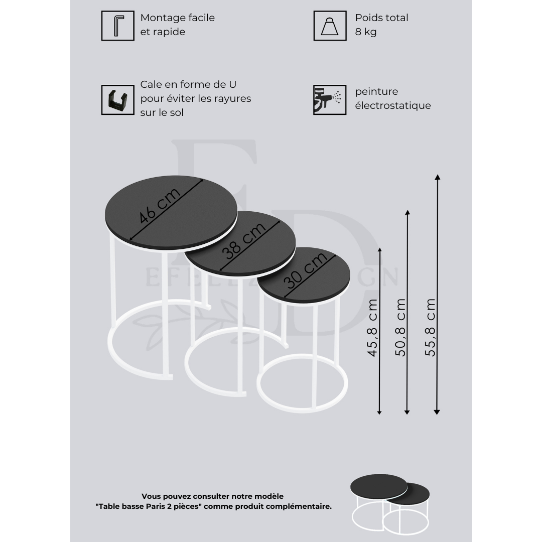 Tables gigognes rondes Paris (lot de 3) – Bois clair et structure noire – Design moderne empilable