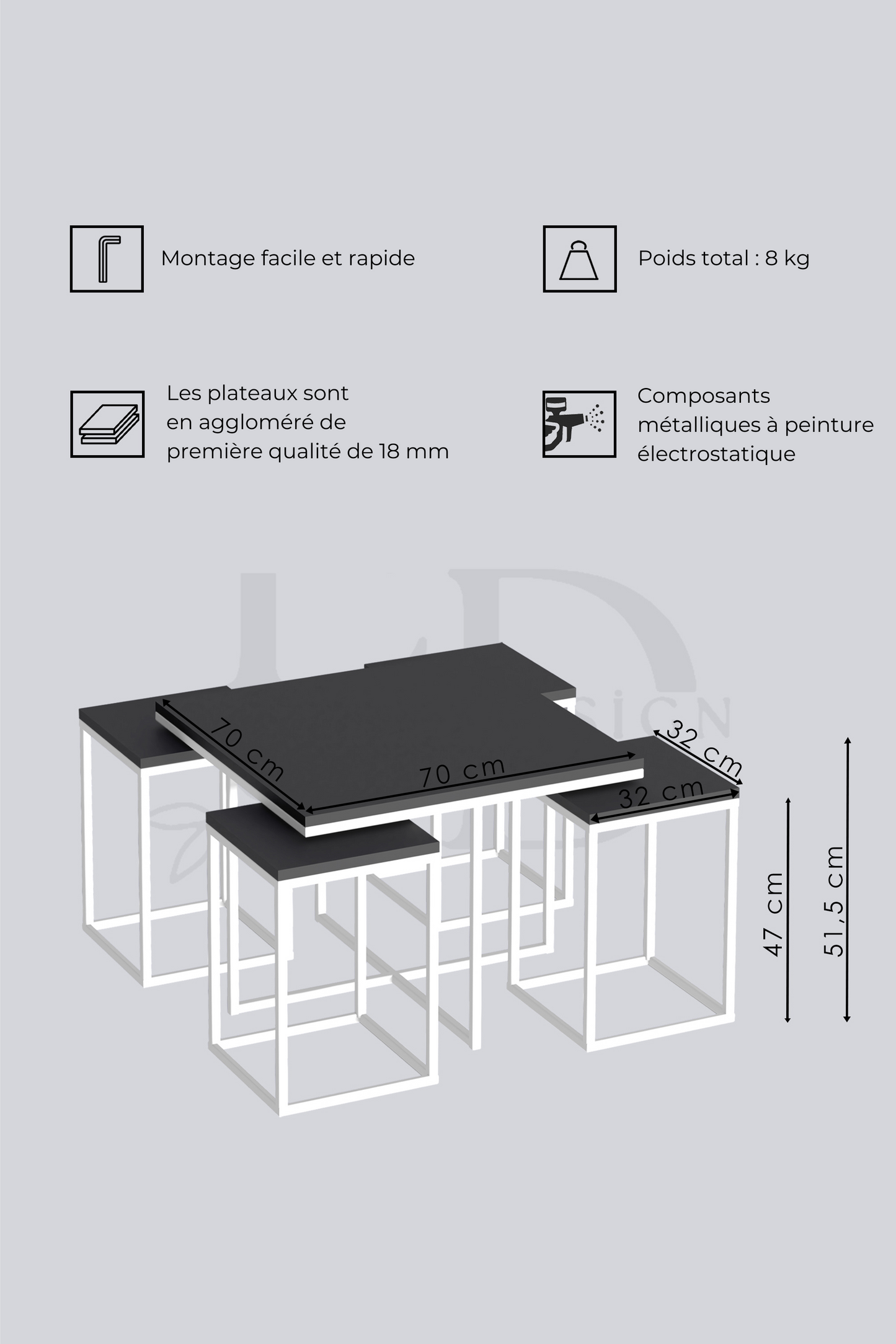 Table gigogne 5 pièces Lisbonne bois clair et métal blanc – Design gain de place
