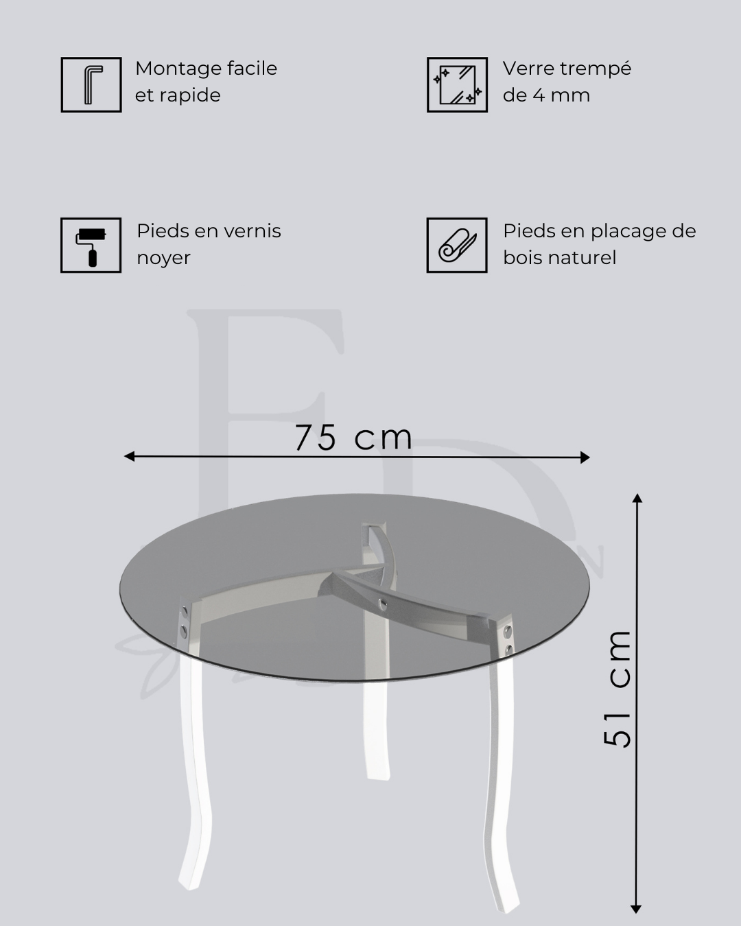 Table basse ronde BERLIN – Plateau en verre trempé 4 mm – Pieds en bois plaqué noyer – Design moderne et élégant pour salon – EMIDECO