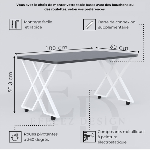 Table basse MILANO – Plateau bois foncé – Piètement X métal noir – Roulettes ou bouchons