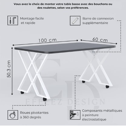 Table basse MILANO – Plateau bois foncé – Piètement X métal noir – Roulettes ou bouchons