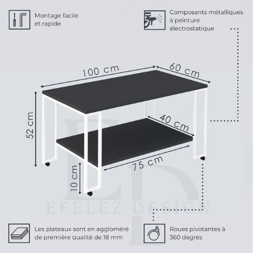 Table basse rectangulaire Nury avec étagère, plateau effet bois, structure métal blanc