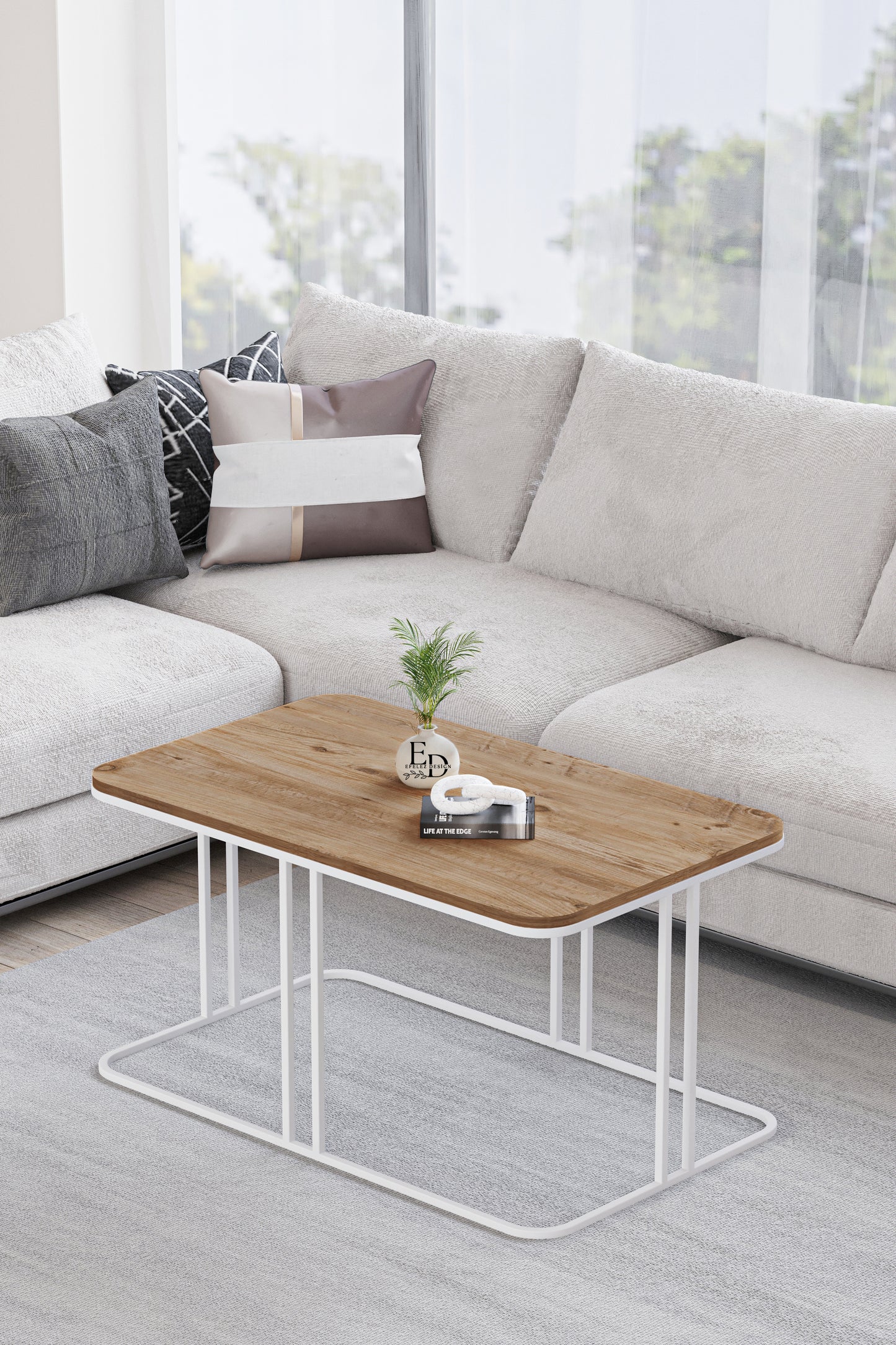Table basse rectangulaire Lyon bois clair et structure blanche