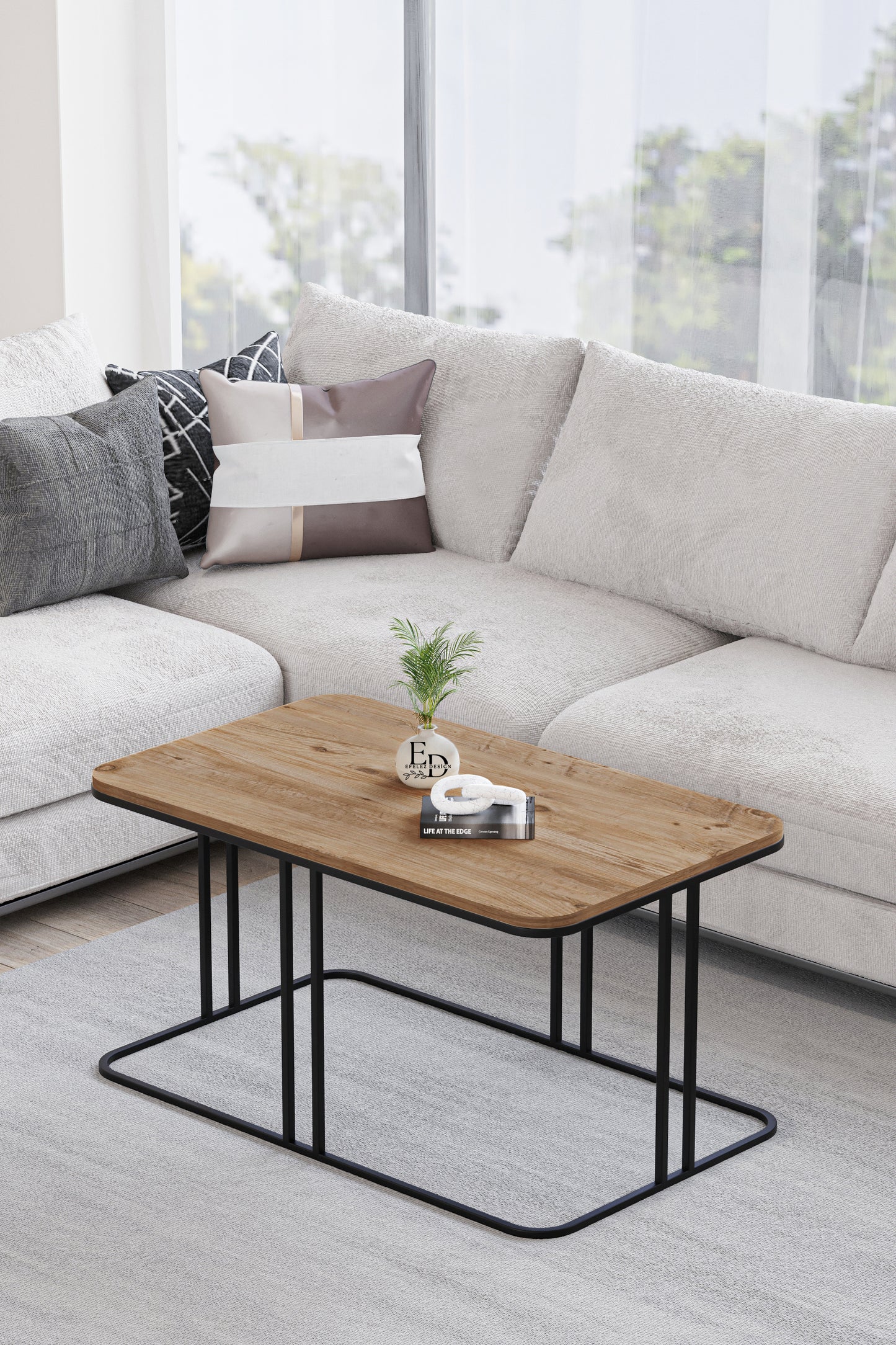 Table basse rectangulaire Lyon bois clair et structure noire 100x60 cm