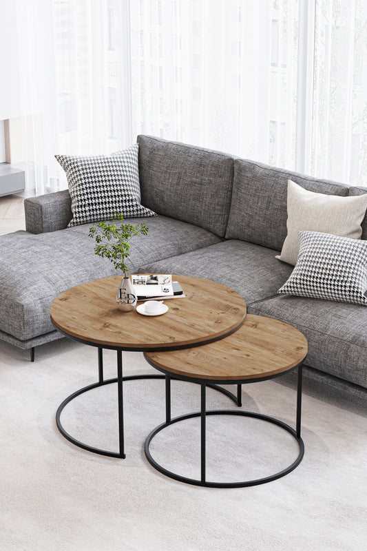 Table basse ronde Paris bois clair – structure noire – Lot de 2 – 75 et 60 cm – design moderne empilable