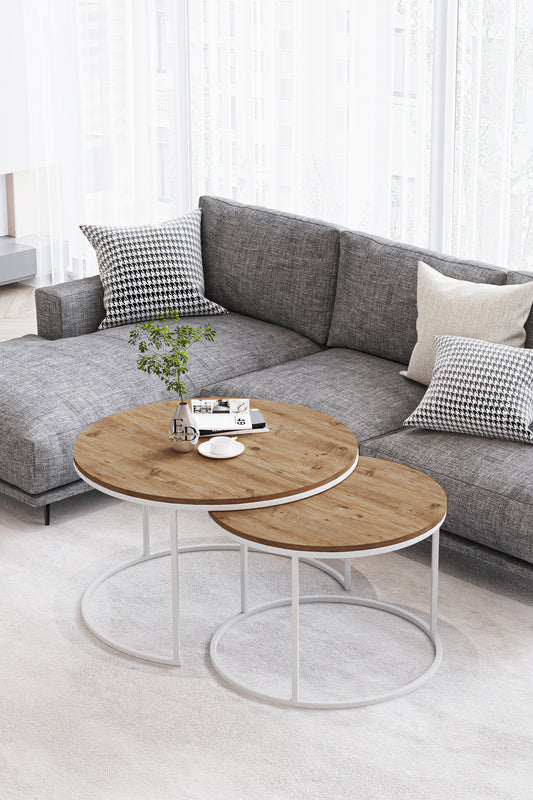 Table basse ronde Paris bois clair – lot de 2 – structure blanche – design moderne – 75 et 60 cm – Emideco