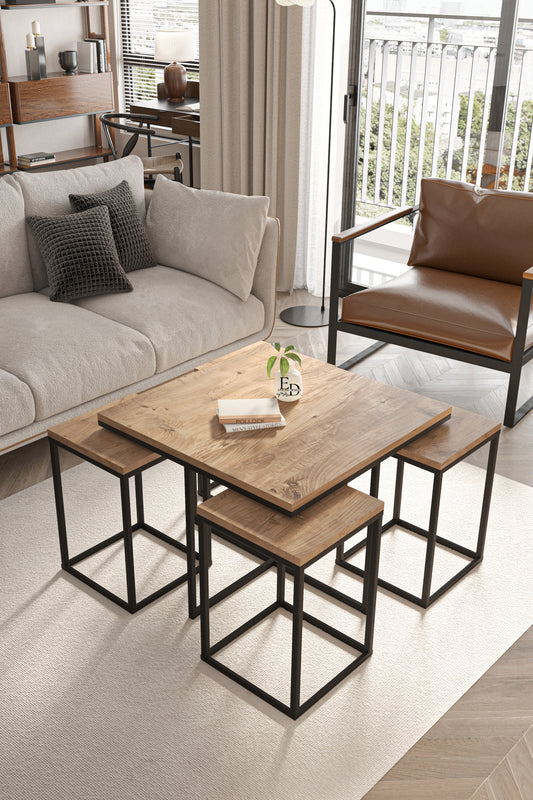Table gigogne 5 pièces Lisbonne – Plateau bois clair et structure noire
