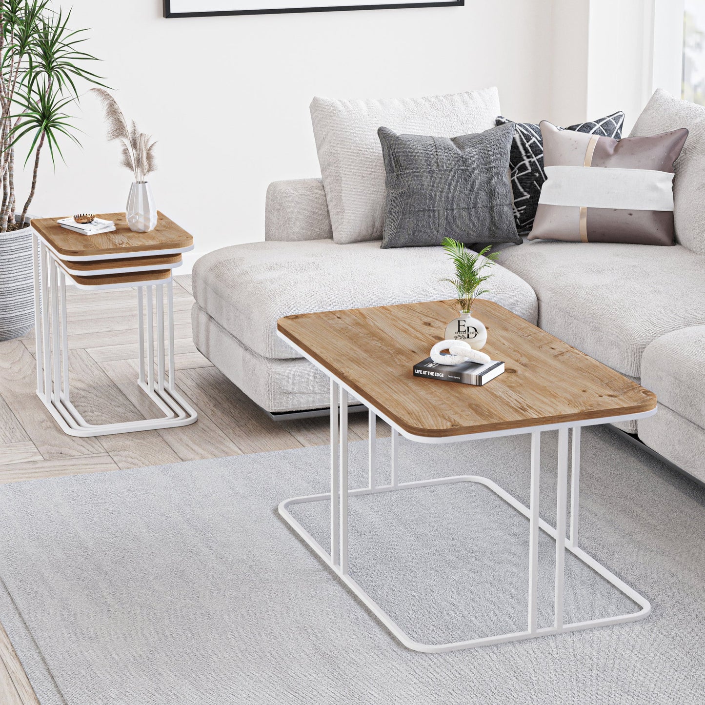 Table basse rectangulaire Lyon bois clair et structure blanche