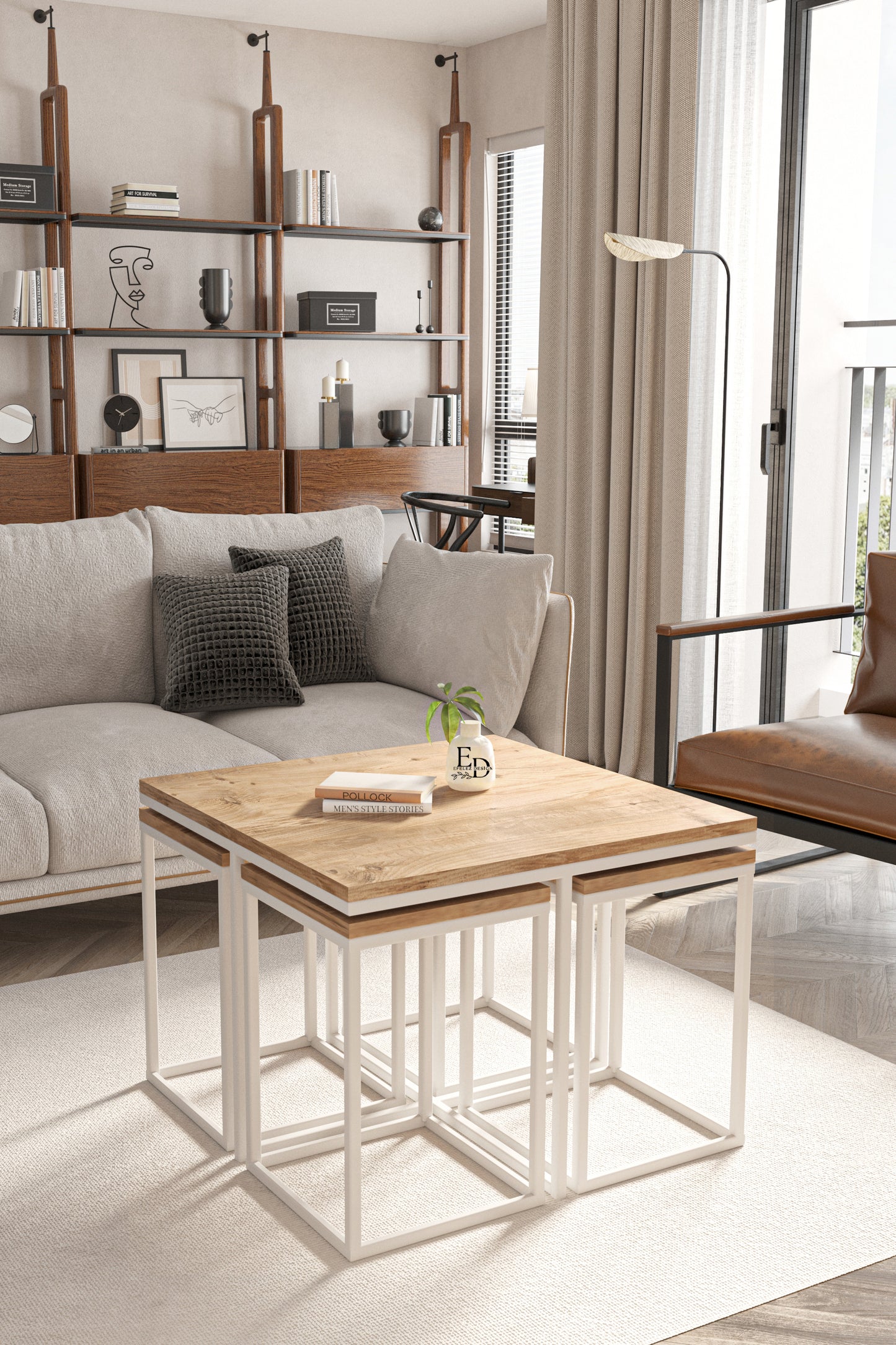 Table gigogne 5 pièces Lisbonne bois clair et métal blanc – Design gain de place