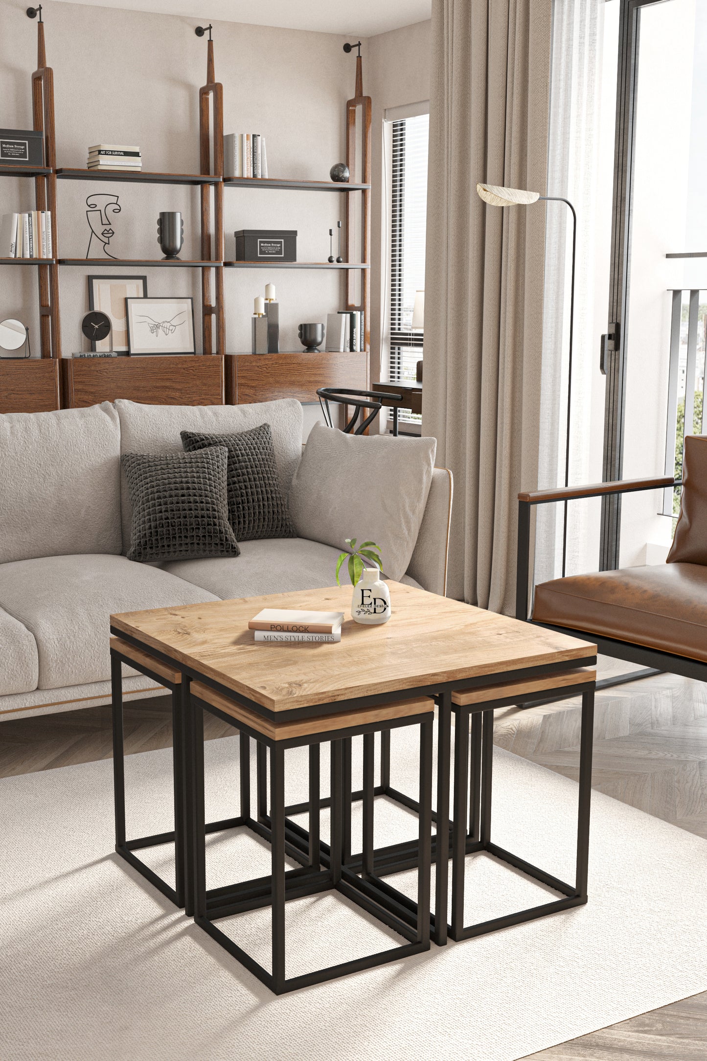 Table gigogne 5 pièces Lisbonne – Plateau bois clair et structure noire
