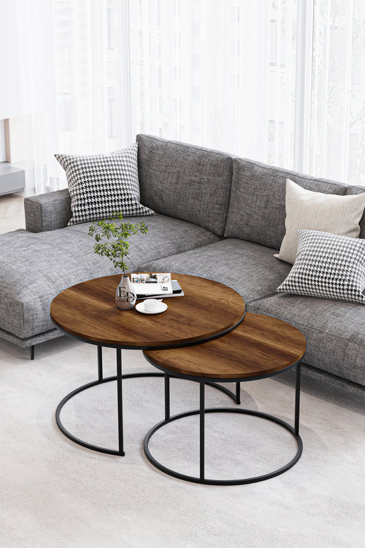 Table basse ronde Paris bois foncé – lot de 2 – structure noire – 75 et 60 cm – design moderne