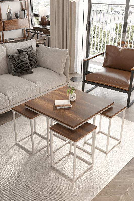 Table gigogne 5 pièces Lisbonne bois foncé et métal blanc design gain de place