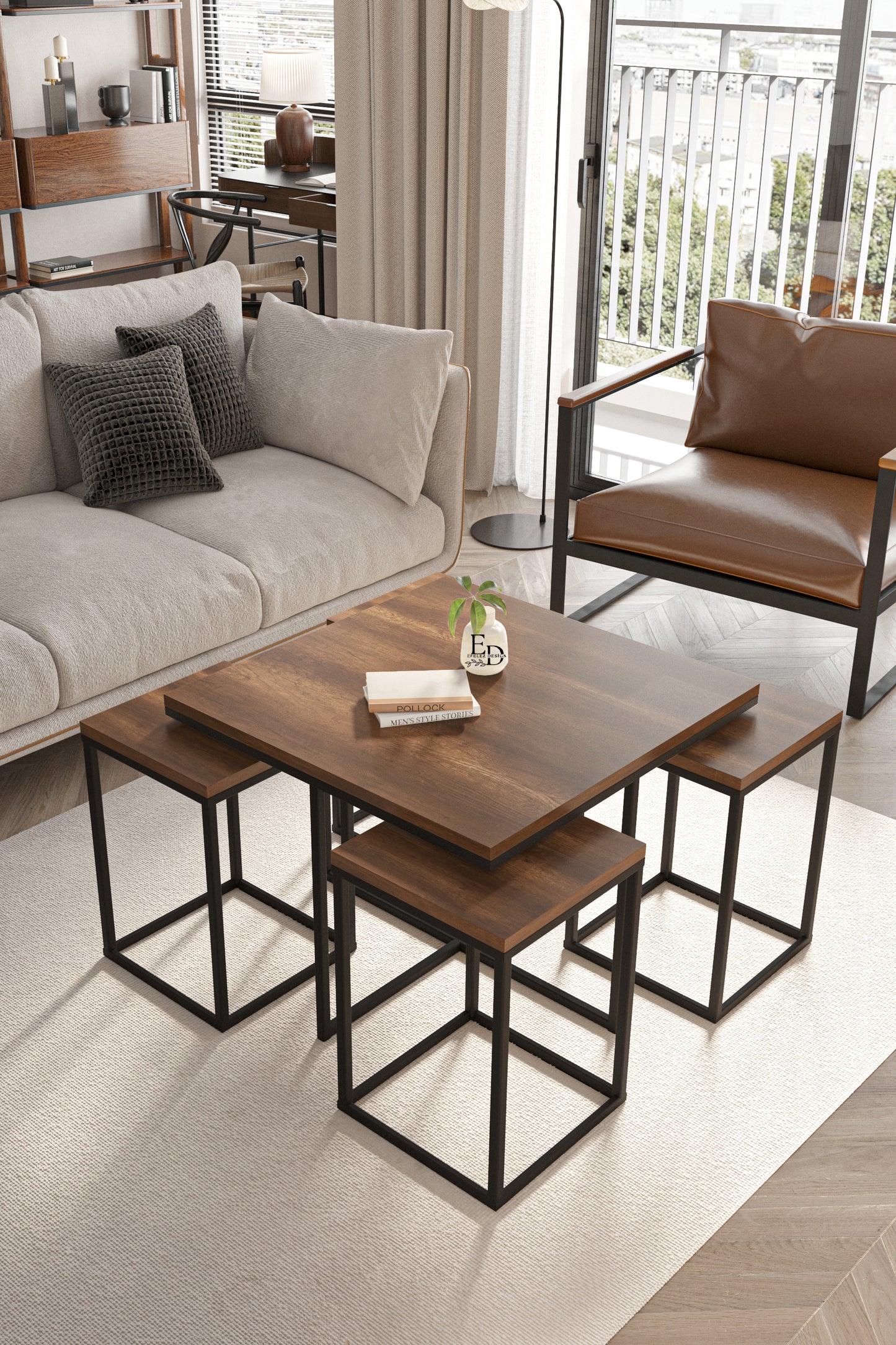 Table gigogne carrée Lisbonne 1 grande + 4 petites en bois foncé et métal noir