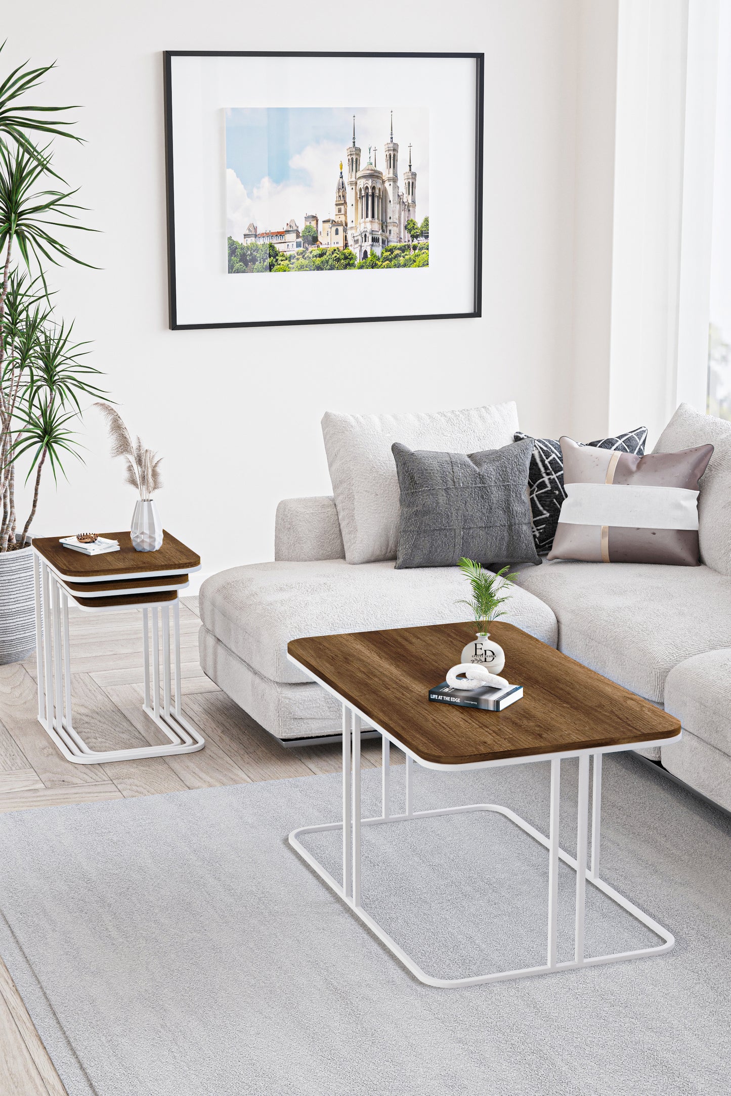 Table basse rectangulaire Lyon 100x60 cm bois foncé et structure blanche