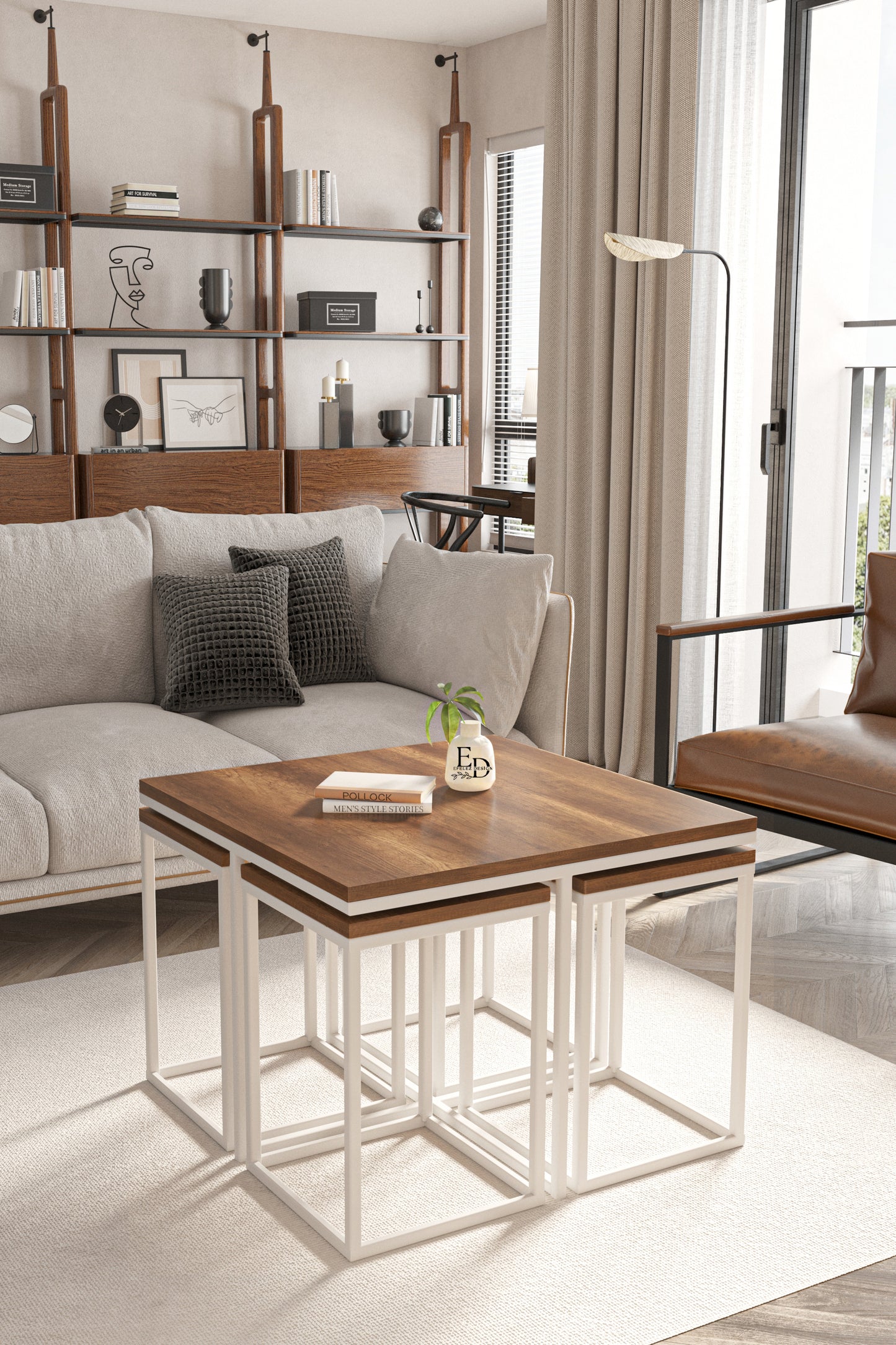 Table gigogne 5 pièces Lisbonne bois foncé et métal blanc design gain de place