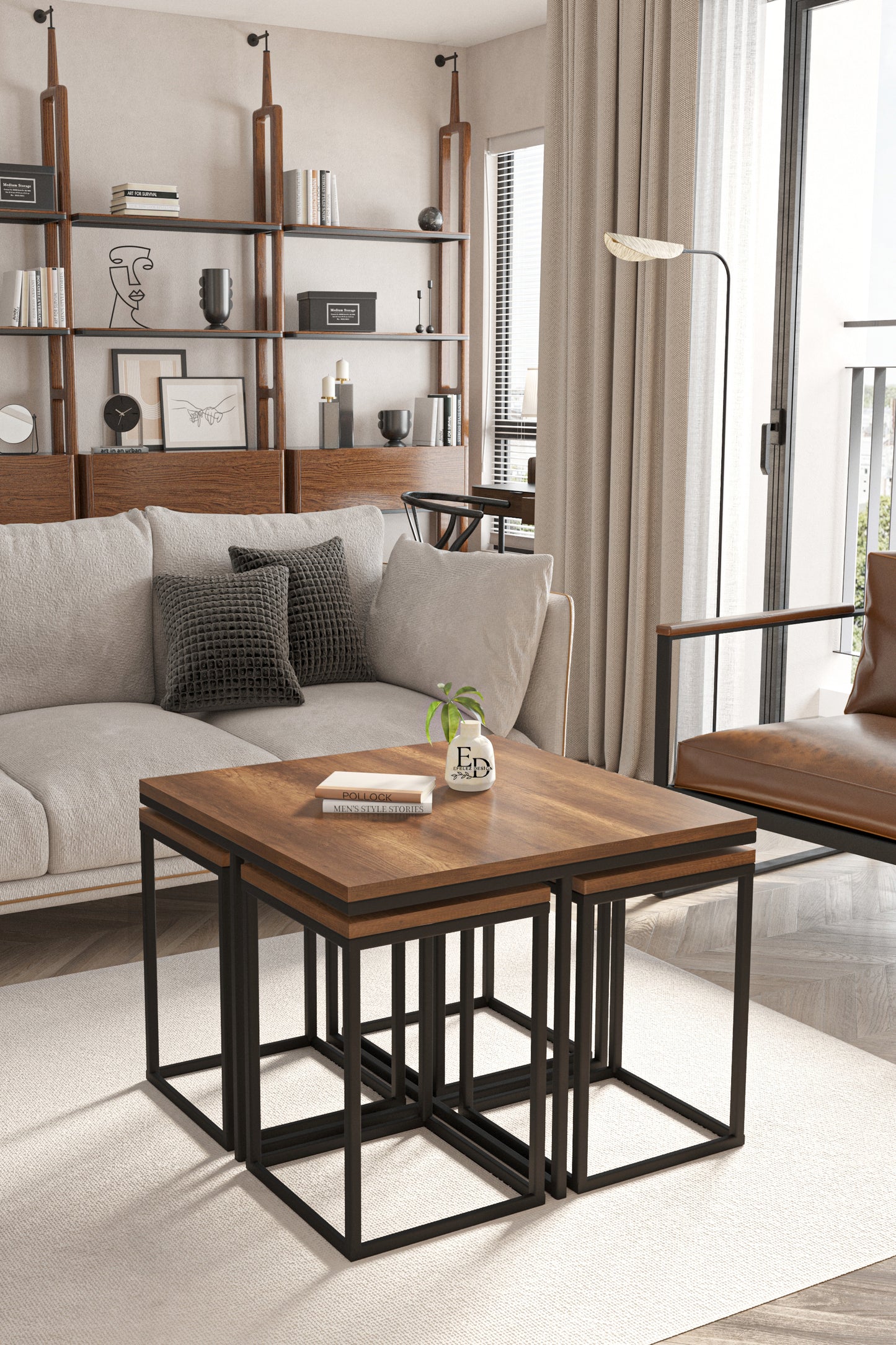 Table gigogne carrée Lisbonne 1 grande + 4 petites en bois foncé et métal noir