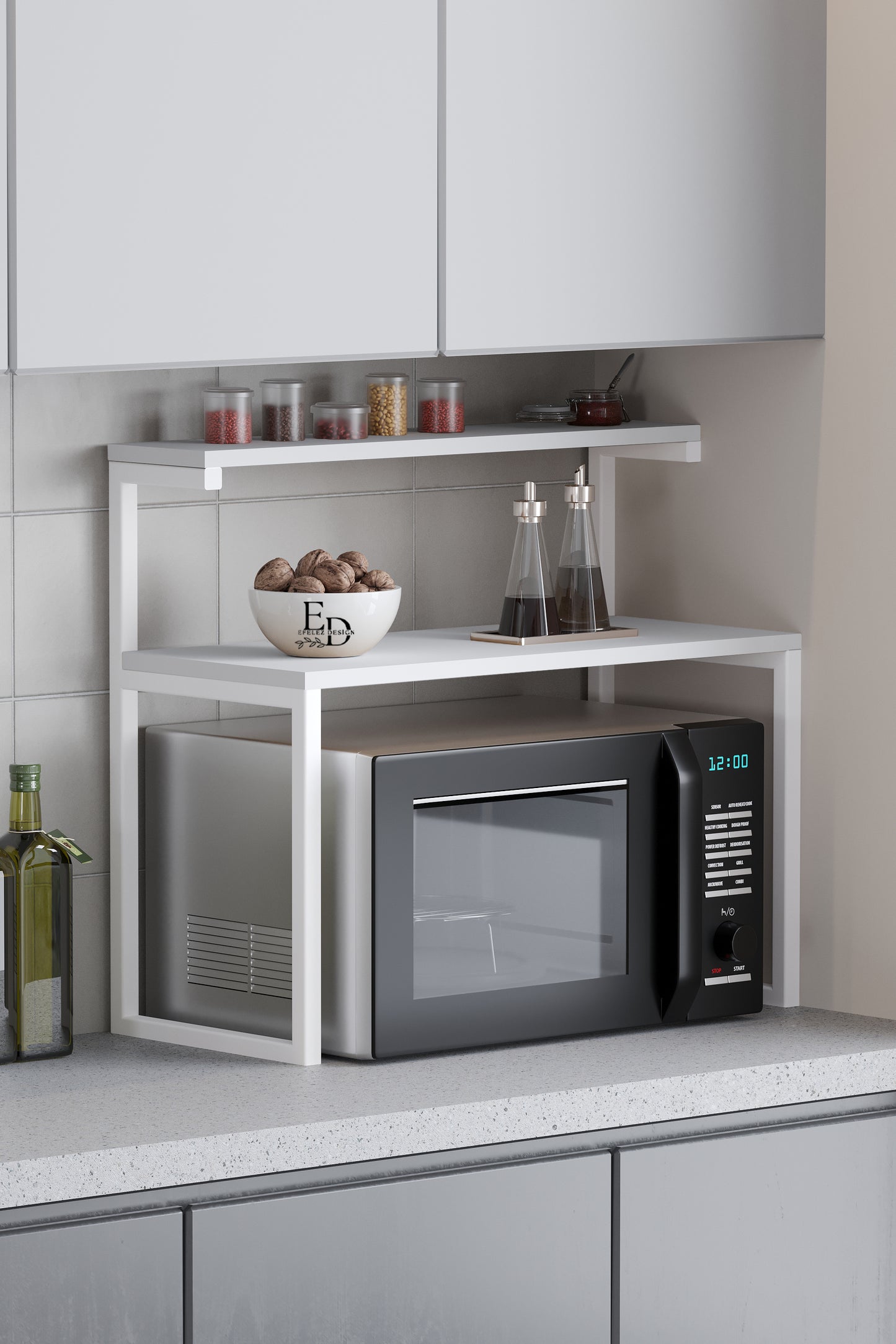 Étagère micro-ondes tout blanc – Structure et plateaux blancs – EMIDECO