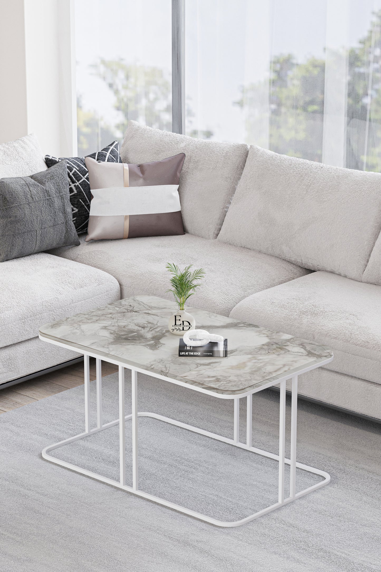 Table basse rectangulaire Lyon 100x60 cm marbre blanc et métal blanc