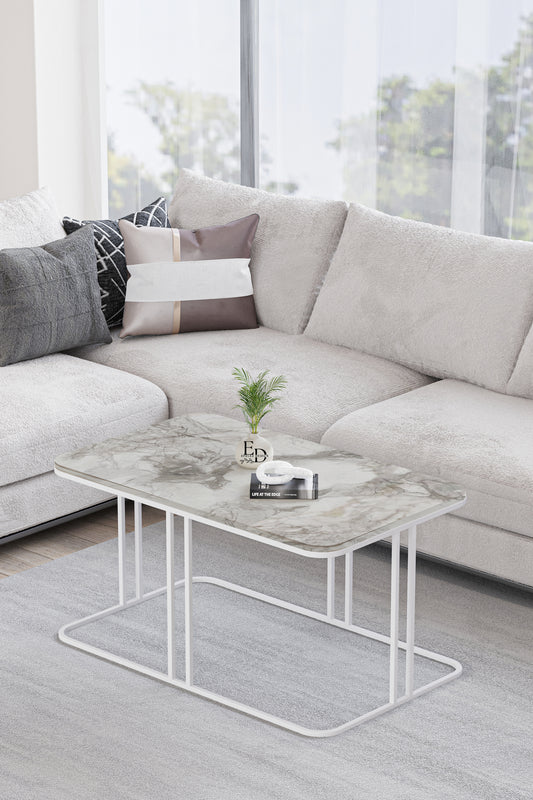 Table basse rectangulaire Lyon 100x60 cm marbre blanc et métal blanc