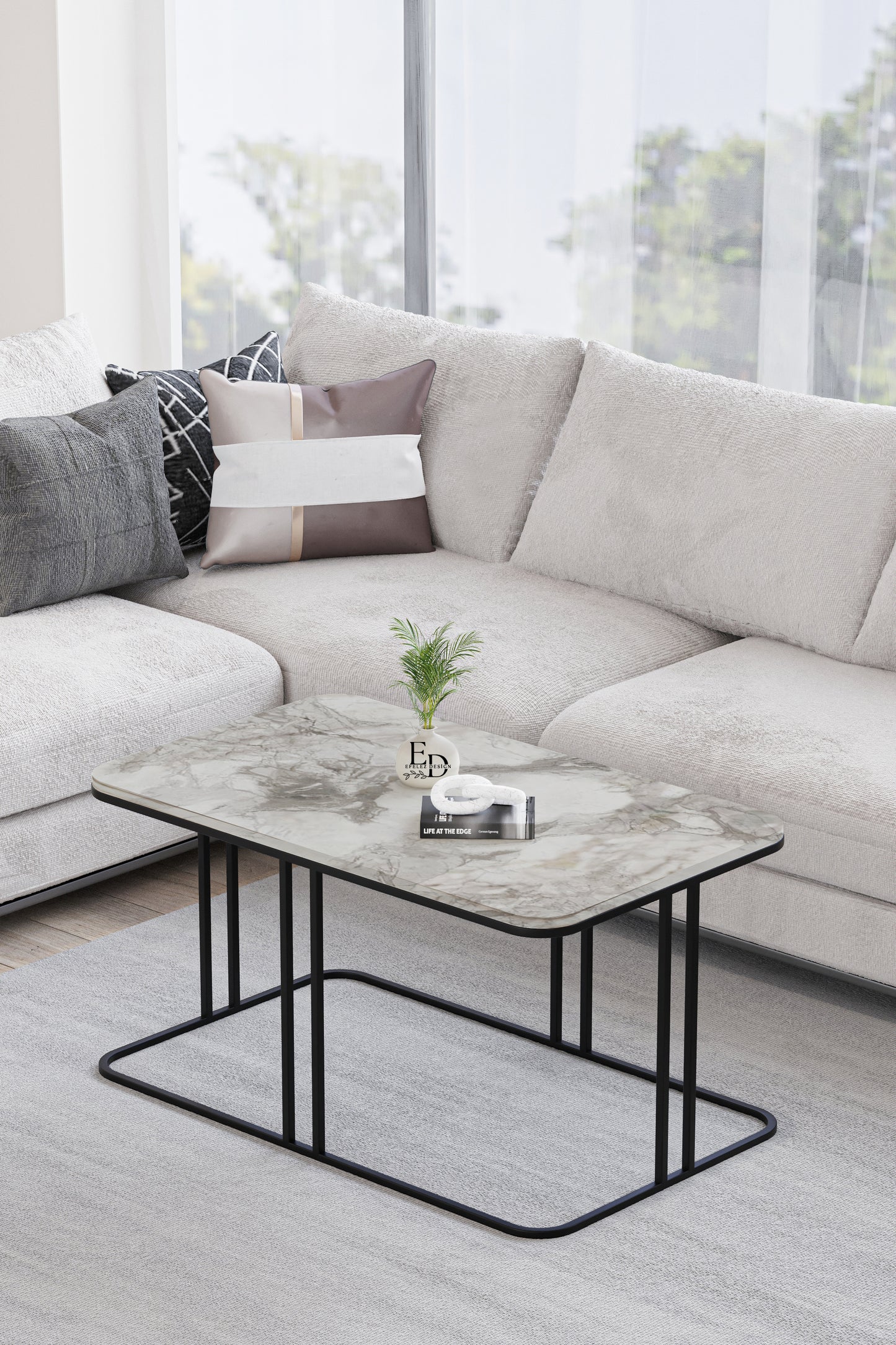 Table basse rectangulaire Lyon - Plateau marbre blanc, structure noire - 100x60x51 cm