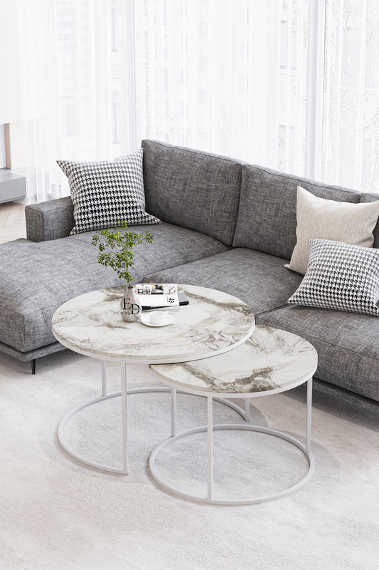 Table basse ronde Paris (lot de 2) – plateau bois clair – structure blanche – design moderne 75 et 60 cm