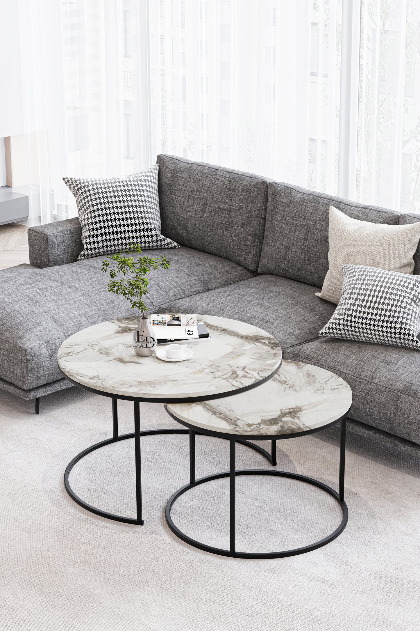 Table basse ronde Paris marbre blanc – lot de 2 – structure noire – design contemporain