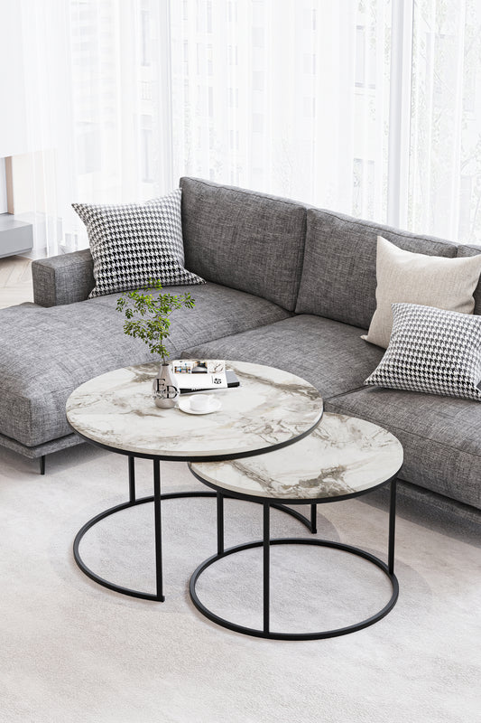 Table basse ronde Paris marbre blanc – lot de 2 – structure noire – design contemporain