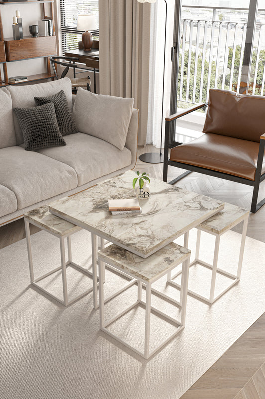 Table gigogne design Lisbonne marbre blanc et métal blanc – Lot de 5 tables modernes