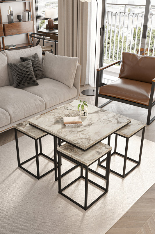 Table gigogne Lisbonne 5 pièces marbre blanc et métal noir – Gain de place élégant