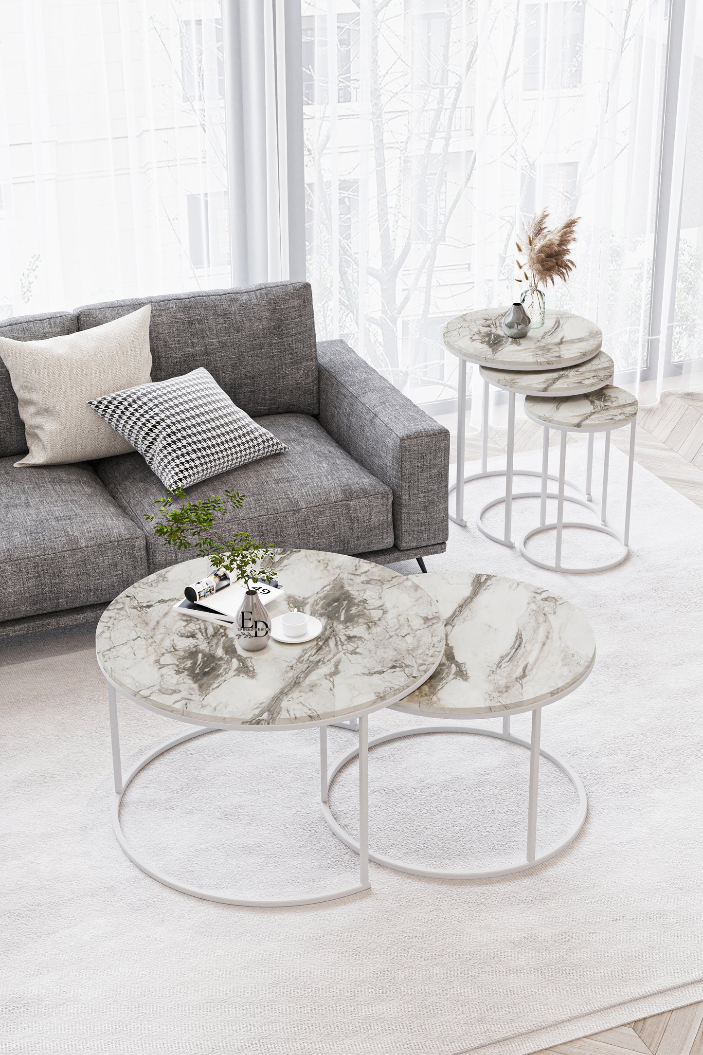 Table basse ronde Paris (lot de 2) – plateau bois clair – structure blanche – design moderne 75 et 60 cm