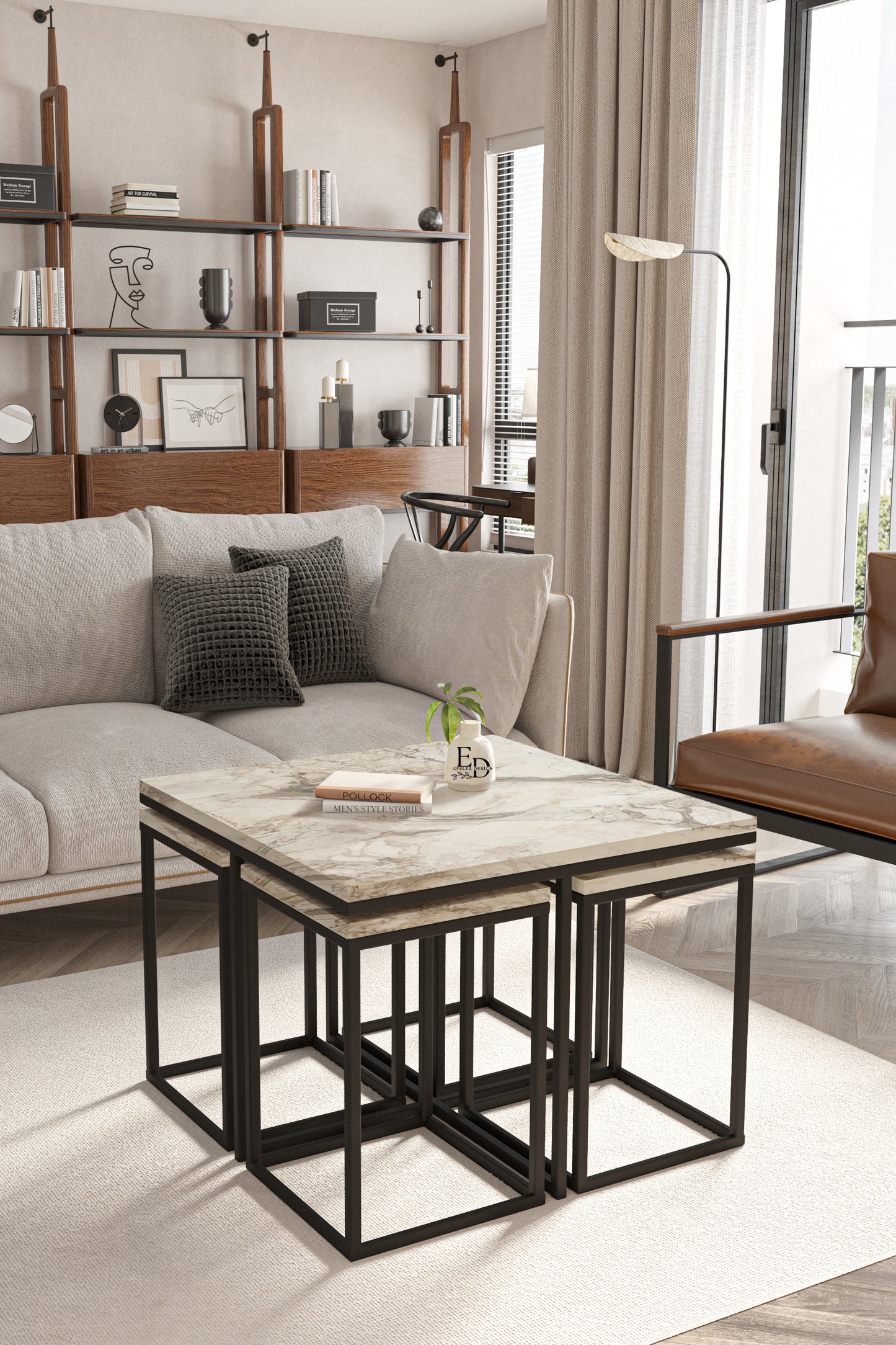 Table gigogne Lisbonne 5 pièces marbre blanc et métal noir – Gain de place élégant