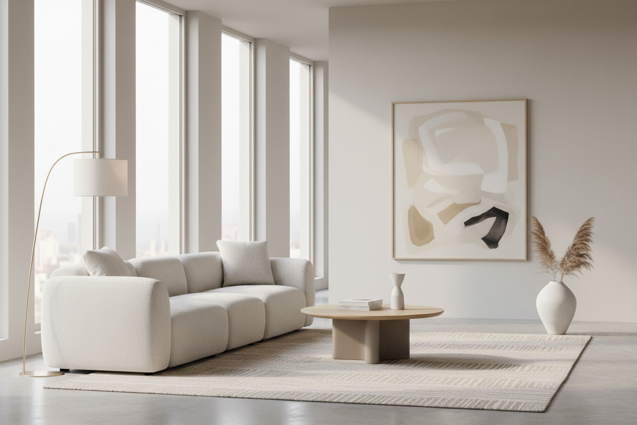Photo lifestyle pour site e-commerce de mobilier design haut de gamme, intérieur moderne et épuré, salon contemporain lumineux, grandes fenêtres avec lumière naturelle douce, décoration minimaliste, mobilier design aux lignes élégantes et intemporelles, ambiance chaleureuse et premium, composition aérée, espace négatif important pour accompagner du texte, rendu photo réaliste, photographie professionnelle, style catalogue mobilier, couleurs neutres, sans personnages, sans texte, sans logos, format horizonta