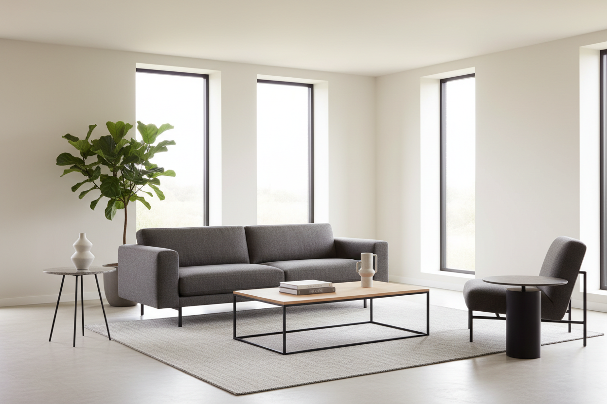 Photo lifestyle réaliste pour marque de mobilier design,
intérieur moderne et épuré, salon contemporain lumineux,
tables d’appoint ou tables basses au design fonctionnel et élégant,
structure en métal NOIR UNIQUEMENT,
plateaux sobres et réalistes, proportions fidèles au mobilier e-commerce,
mobilier discret et bien intégré à l’espace,
ambiance calme et premium, décoration minimale,
aucun mélange de couleurs de structure, pas de doré, pas de chrome,
sans personnages, sans texte, rendu photo professionnel,
st