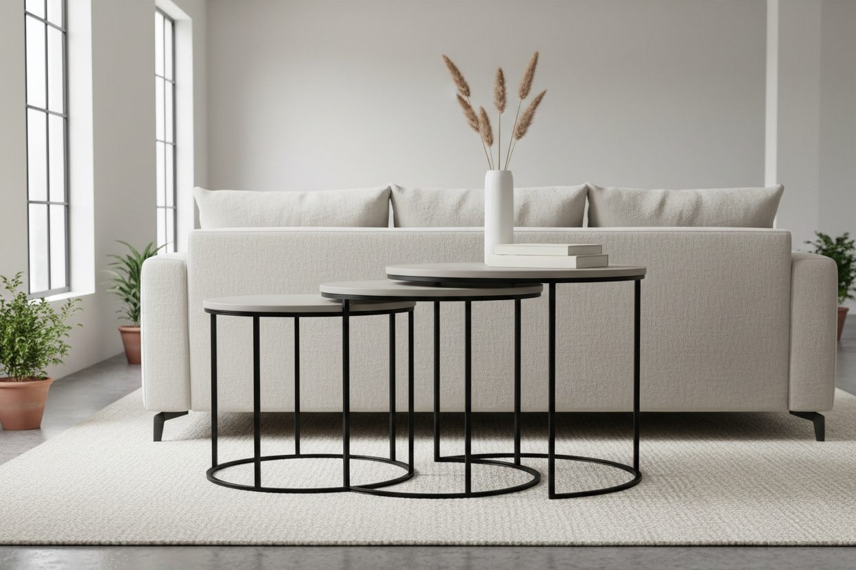 Photo lifestyle réaliste pour marque de mobilier design,
salon moderne et épuré, ambiance lumineuse et minimaliste,
tables d’appoint gigognes rondes IDENTIQUES,
structure en métal NOIR UNIQUEMENT,
plateaux fins et sobres, proportions réalistes,
aucune autre couleur de métal visible,
pas de doré, pas de chrome, pas de mélange de structures,
mobilier cohérent avec photos e-commerce,
peu d’objets décoratifs, décor neutre,
sans personnages, sans texte, rendu photo professionnel
