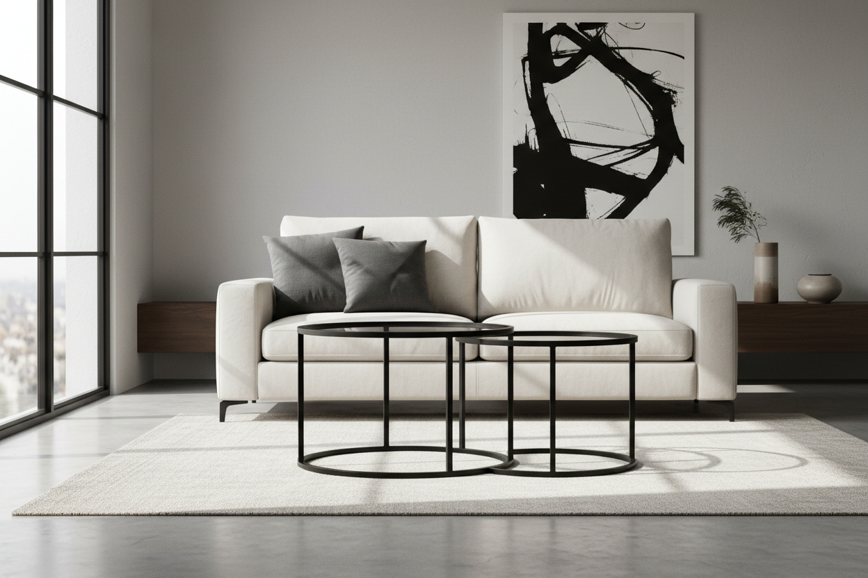 Photo lifestyle réaliste pour mobilier design,
salon moderne et épuré, ambiance lumineuse et minimaliste,
tables d’appoint gigognes rondes avec structure en métal NOIR UNIQUEMENT,
design sobre, proportions réalistes, mobilier cohérent avec photos e-commerce,
aucune autre couleur de métal, pas de doré, pas de chrome,
peu d’objets décoratifs, sans personnages, sans texte,
rendu photo professionnel
