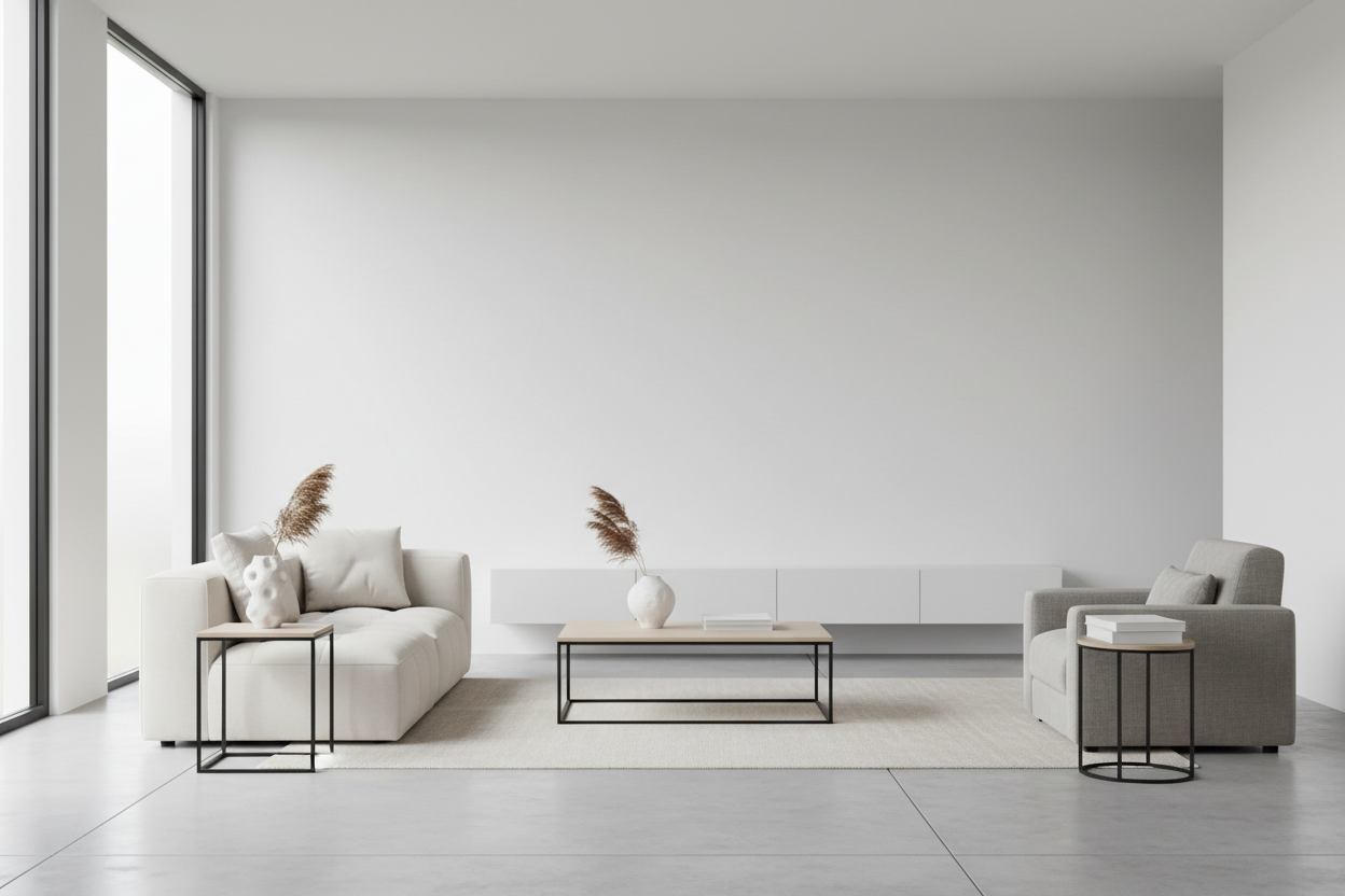 Photo lifestyle réaliste pour mobilier design,
salon moderne et épuré, ambiance lumineuse et minimaliste,
tables d’appoint ou tables basses au design simple,
structure en métal NOIR UNIQUEMENT (ou BLANC UNIQUEMENT),
mobilier cohérent avec photos e-commerce,
aucune autre couleur de métal, pas de doré, pas de chrome,
peu d’objets décoratifs, proportions réalistes,
sans personnages, sans texte, rendu photo professionnel
