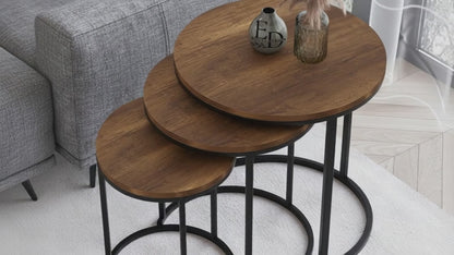 Tables d’appoint gigognes rondes Paris lot de 3 bois foncé structure métal noir