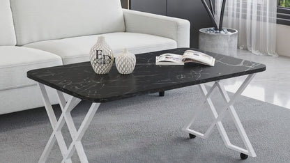 Table basse MILANO – Plateau marbre noir – Piètement X métal blanc – Roulettes ou bouchons