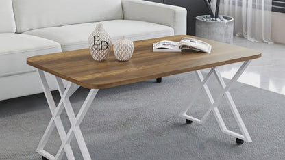Table basse MILANO rectangulaire – Plateau bois foncé et structure métal blanche avec roulettes