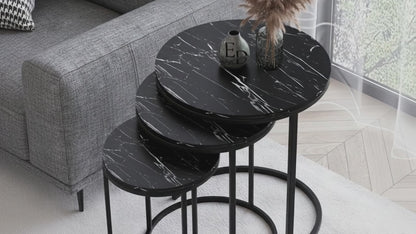 Tables d’appoint gigognes rondes Paris lot de 3 marbre noir structure métal noir