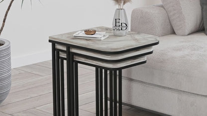 Tables d’appoint gigognes Lyon – Lot de 3 – Marbre blanc – Métal noir