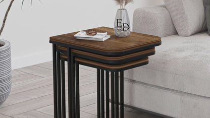 Tables d’appoint gigognes Lyon – Lot de 3 – Bois foncé – Métal noir