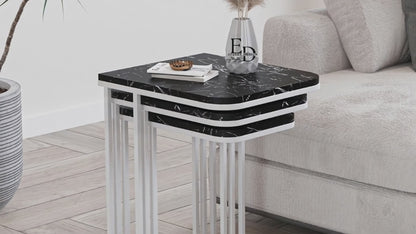 Tables d’appoint gigognes Lyon – Lot de 3 – Marbre noir – Métal blanc
