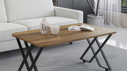 Table basse MILANO – Plateau bois foncé – Piètement X métal noir – Roulettes ou bouchons