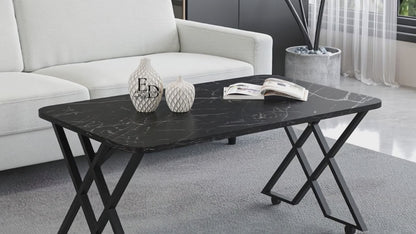 Table basse MILANO – Plateau marbre noir – Piètement X métal noir – Roulettes ou bouchons