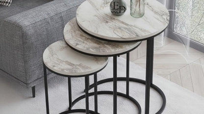 Tables d’appoint gigognes rondes Paris lot de 3 marbre blanc structure métal noir