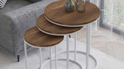 Tables d’appoint gigognes rondes Paris lot de 3 bois foncé structure métal blanc